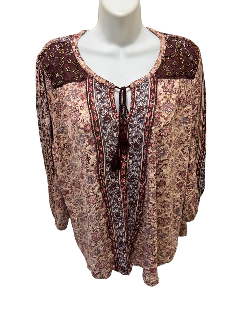 Lucky Brand Women’s Boho Peasant Top Burgundy Sz 2X Tassel Neckline Floral Print